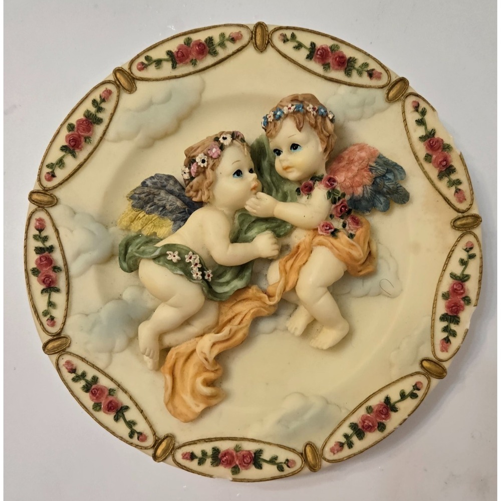 Vintage Cherub Angels Wall Plaque Hand Painted Resin Floral 3D Decor